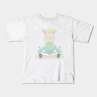 Lovely cute rhino rides a car on a summer road Kids T-Shirt